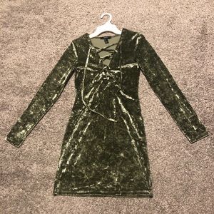 Green velvet lace up front dress